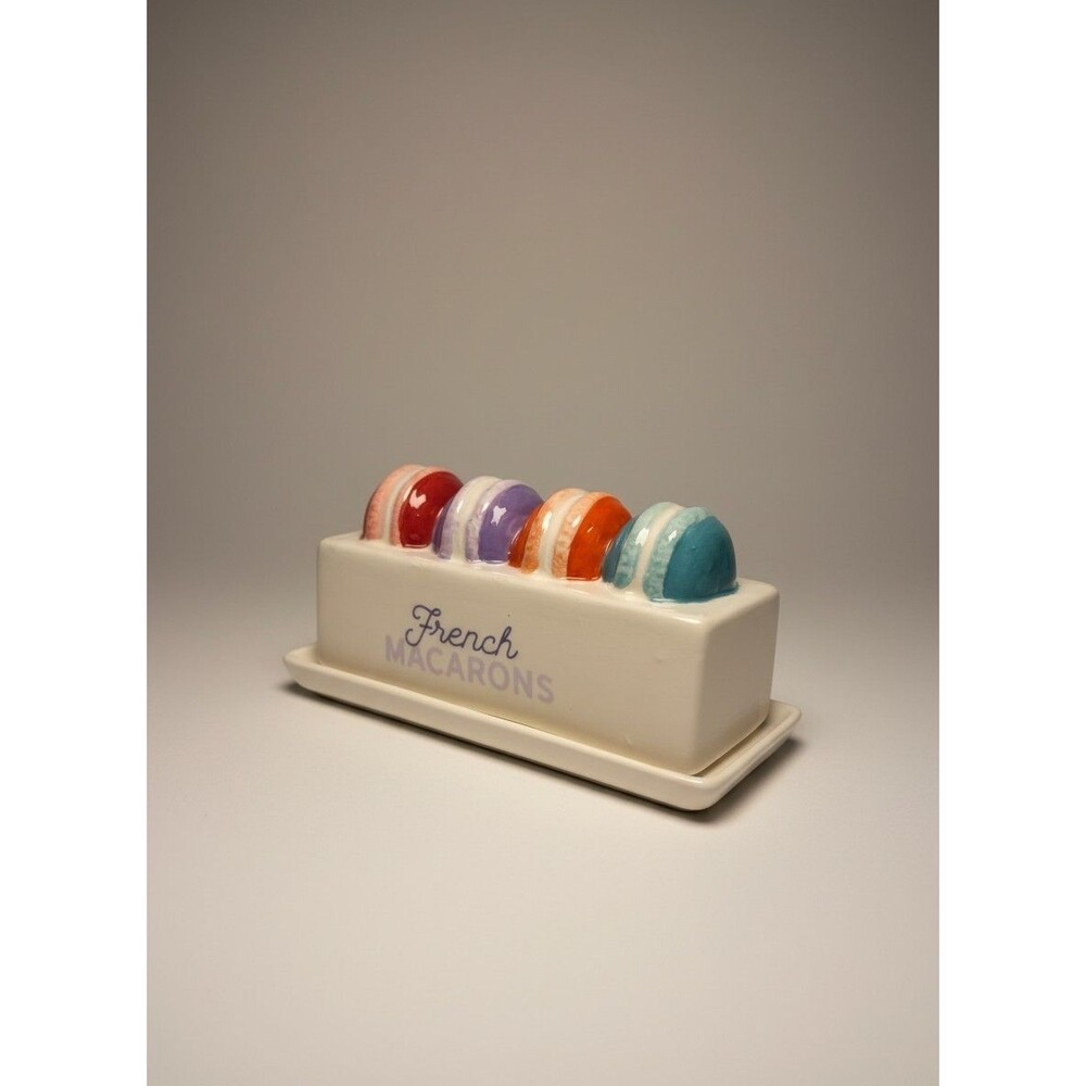 French Macaron Ceramic Butter Dish White Rectangular 2-Piece Set Multicolor